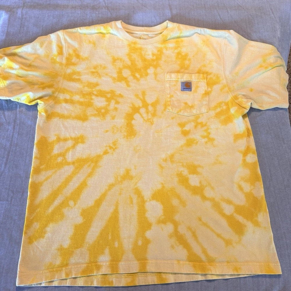 Carhartt Tie Dye Pocket T Shirt Yellow White Workwear Men's Large USA Style